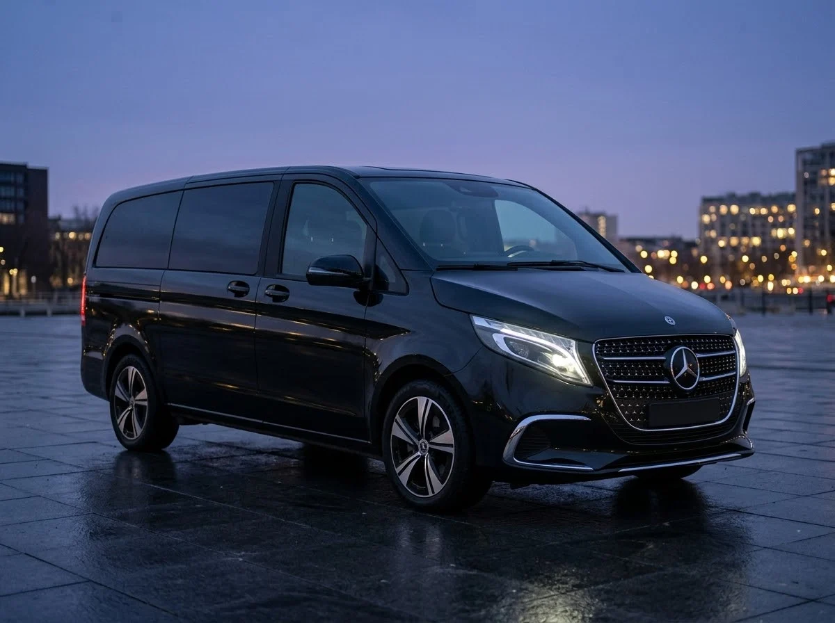 Mercedes-Benz Clase V negra con los faros encendidos al anochecer
