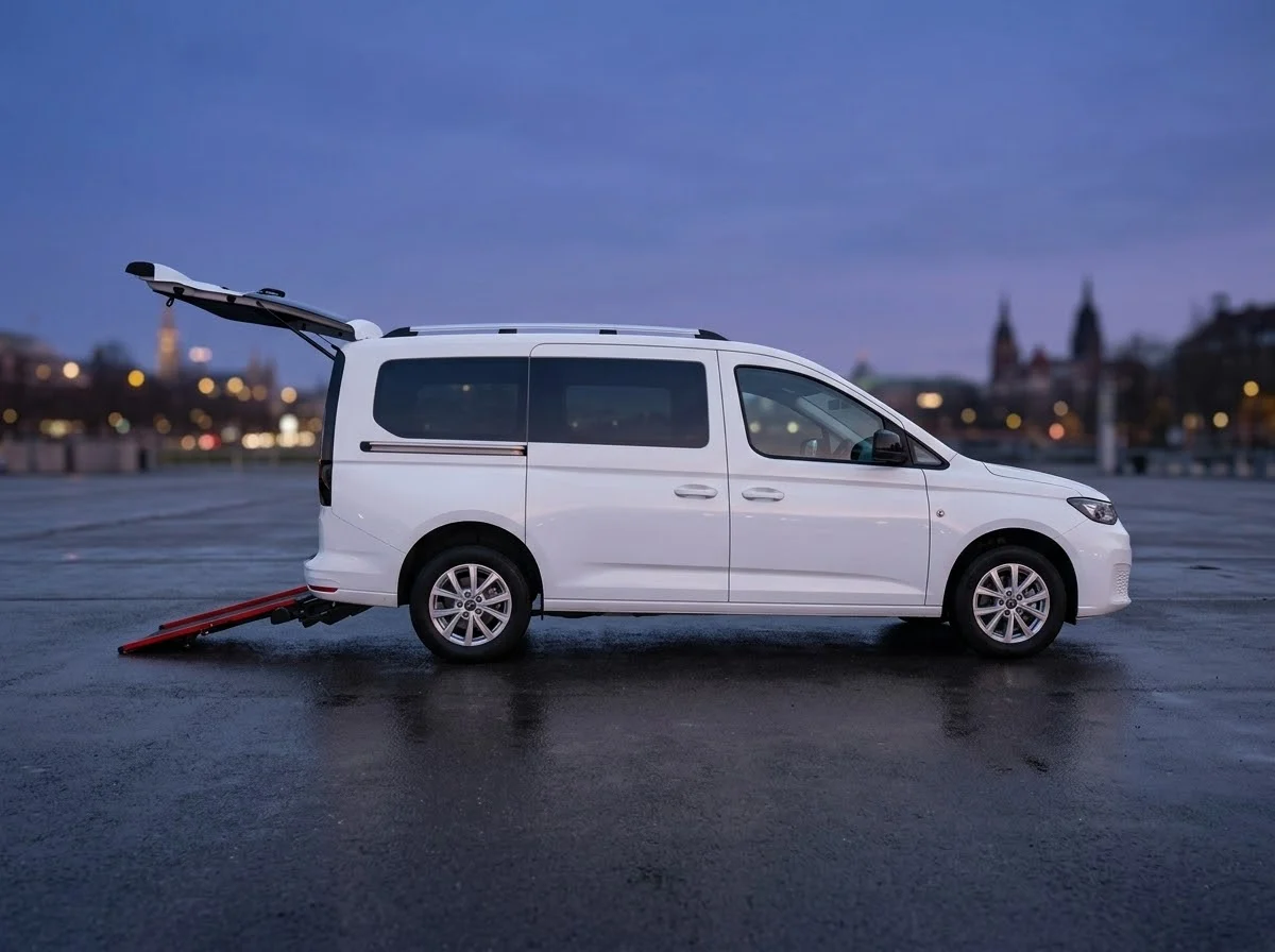 Ford Tourneo Connect blanca con la rampa trasera desplegada para silla de ruedas